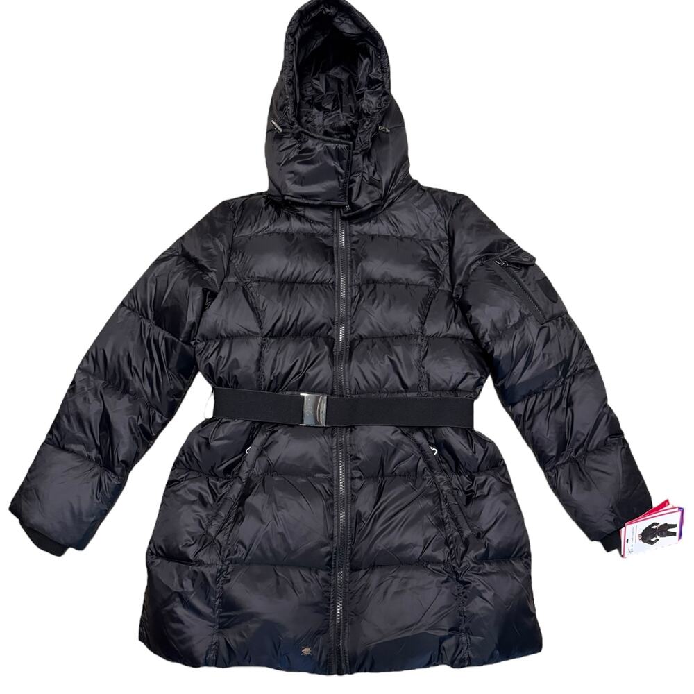 Two By Vince Camuto Womens Black Belted Down Blend Winter Jacket Large